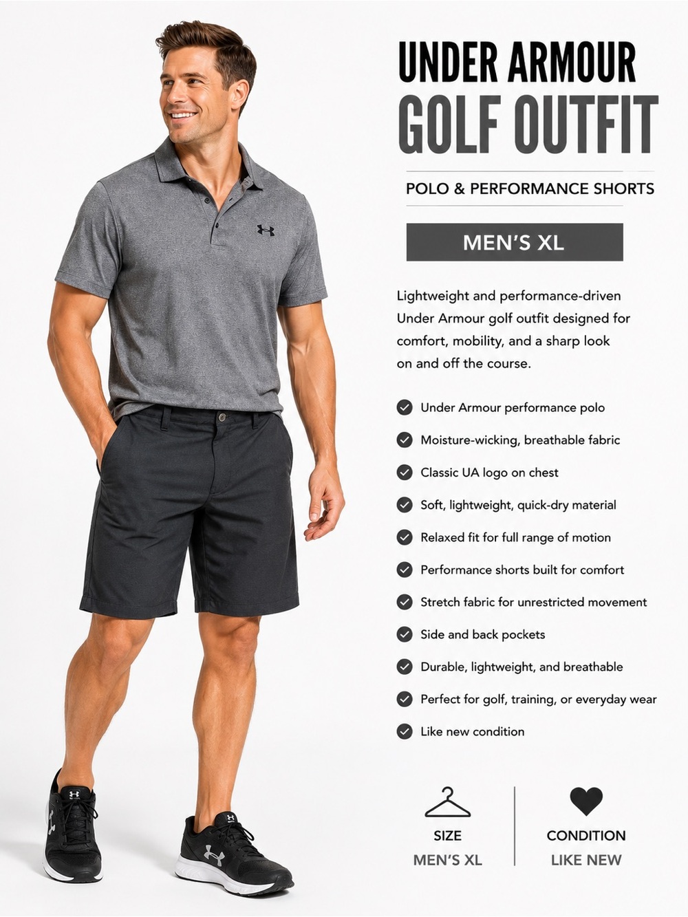 Under Armour Gray Polo and Black Shorts Golf Set Mens xl